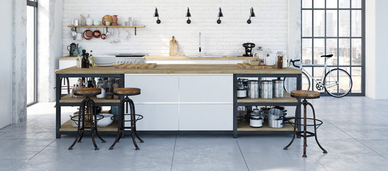 modern nordic kitchen in loft apartment. 3D rendering