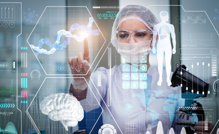 Doctor in futuristic medical concept pressing button